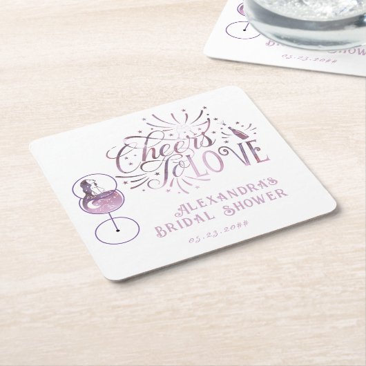 応援はワインの試飲を愛するエレガントブライダルシャワー スクエアペーパーコースター (アングル)