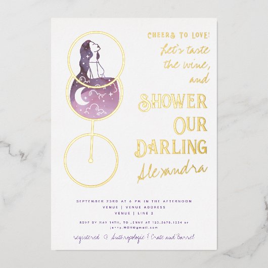 応援はワインの試飲を愛するエレガントブライダルシャワー 箔招待状 (正面)