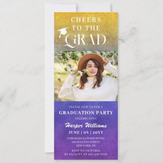 応援へグラッドトレンディーモダンフォトパープル金ゴールド 招待状 (正面)