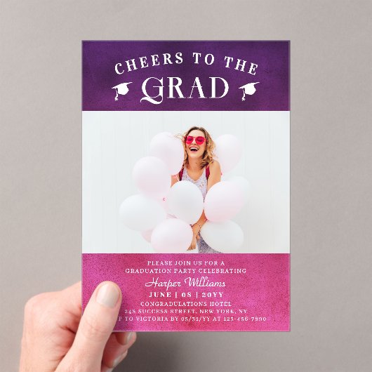 応援へグラードトレンディー写真モダンピンクパープル アクリル招待状 (インサイチュ (ポータブル))