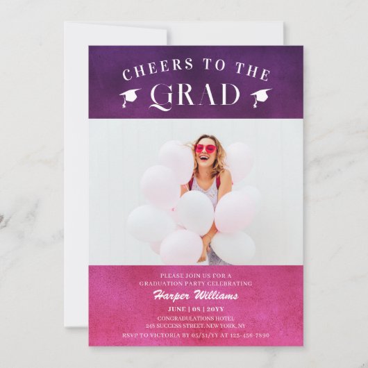 応援へグラードトレンディー写真モダンピンクパープル 招待状 (正面)