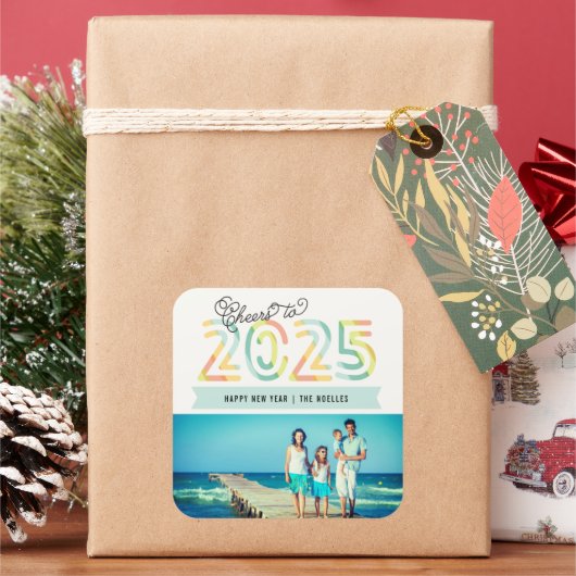 応援へ2025ストライプ柑橘類ハッピーニューイヤー写真 スクエアシール (クリスマス)