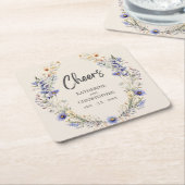応援ほこりっぽいブルーBOHOワイルドフラワーエレガントな結婚式 スクエアペーパーコースター (アングル)
