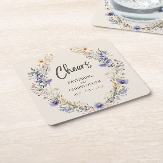 応援ほこりっぽいブルーBOHOワイルドフラワーエレガントな結婚式 スクエアペーパーコースター (アングル)