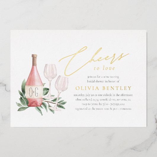 応援を愛するワインの試飲ブライダルシャワー 箔招待状 (正面)