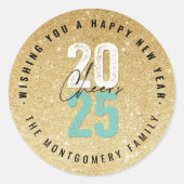 応援アクア2025金ゴールドグリッター新年ホリデイ ラウンドシール (正面)