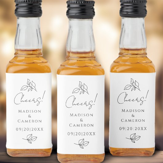 応援エレガントなウェディングブラック&ホワイト葉ズお気に入り リキュールボトルラベル