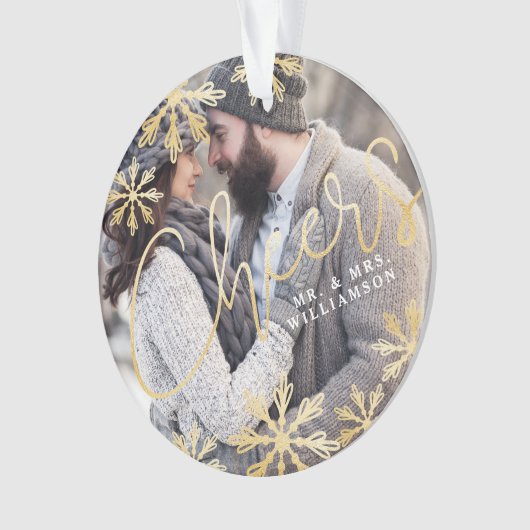 応援エレガント金ゴールドスノーフレークホリデーフォト オーナメント (正面)