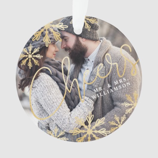 応援エレガント金ゴールドスノーフレークホリデーフォト オーナメント (正面)