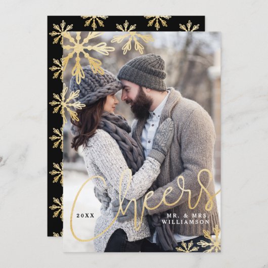 応援エレガント金ゴールドスノーフレーク新婚の写真 シーズンカード (正面/裏面)