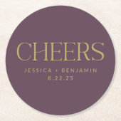 応援カスタムダークパープルプラム金ゴールド結婚ズ ラウンドペーパーコースター (正面)