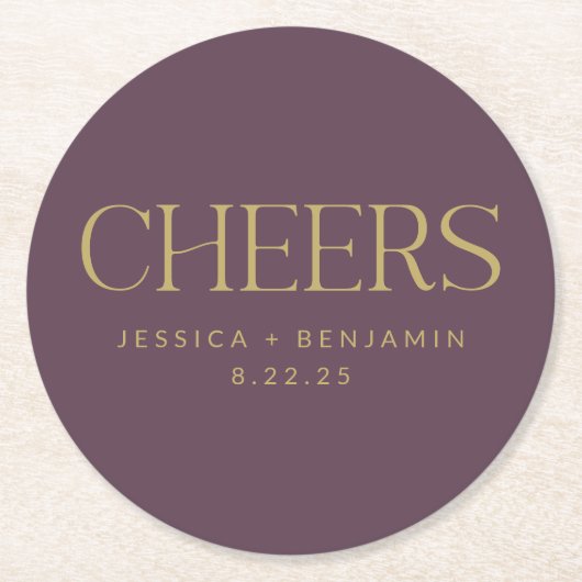 応援カスタムダークパープルプラム金ゴールド結婚ズ ラウンドペーパーコースター (正面)