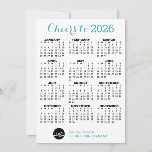 応援カレンダー – ティール(緑がかった色)ホワイトビジネスロゴ シーズンカード (正面)