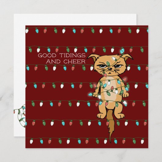 応援キャットおもしろい;クリスマスの絡んだ子猫ライト赤 シーズンカード (正面/裏面)