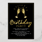 応援シャンパンおもしろいグラムブラック&金ゴールド誕生日 箔招待状 (正面)