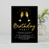 応援シャンパンおもしろいグラムブラック&金ゴールド誕生日 箔招待状 (立ち正面)
