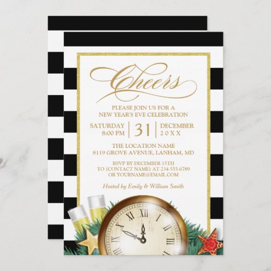 応援シャンパンストライプクロックパーティー 招待状 (正面/裏面)