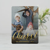 応援シンプル台本書道新年写真 箔シーズンカード (立ち正面)