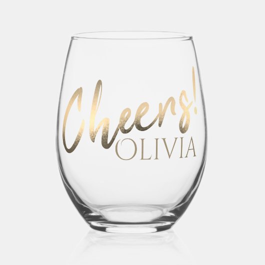 応援スタイリッシュ金ゴールドスクリプト名前をカスタムする ステムなしワイングラス (正面)
