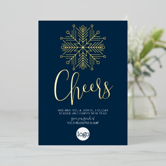 応援スノーフレークビジネスグリーティングネイビーブルー金ゴールド 箔シーズンカード (立ち正面)