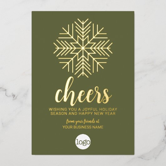 応援スノーフレーク・ビジネス・グリーティング – 緑の金ゴールド 箔シーズンカード (正面)