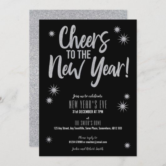 応援ズシルバーオンブラックニューイヤー大晦日の招待状 招待状 (正面/裏面)