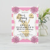 応援チアリーダーピンク |金ゴールドガールバースデーパーティー 招待状 (スタンド正面)