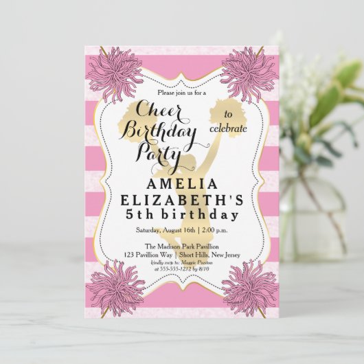 応援チアリーダーピンク |金ゴールドガールバースデーパーティー 招待状 (スタンド正面)