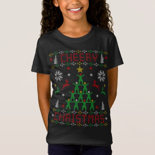 応援チアリーダー醜いクリスマスセーターパーティー Tシャツ (正面)