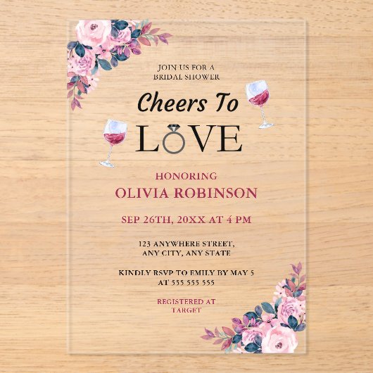 応援トゥラブフローラワインテーマブライダルシャワー アクリル招待状 (正面)