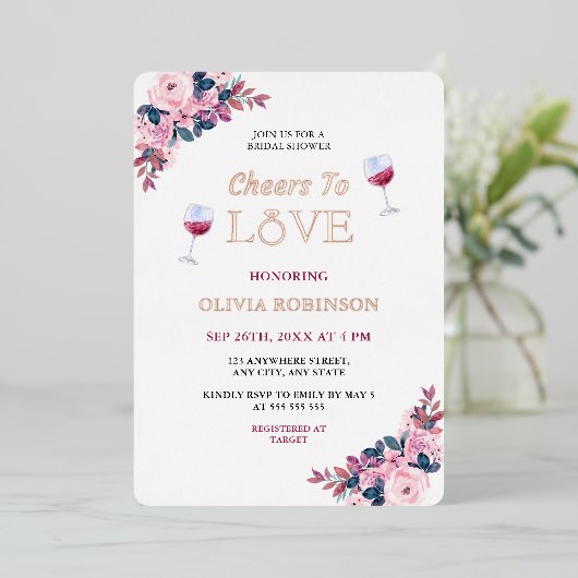 応援トゥラブフローラワインテーマブライダルシャワー 箔招待状 (立ち正面)