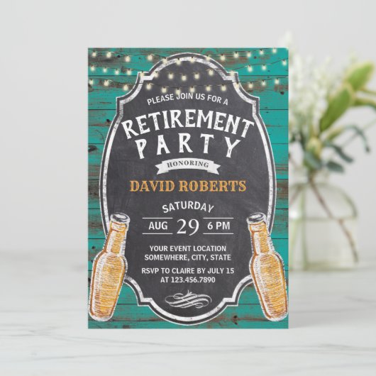 応援トゥリタイア素朴ティール(緑がかった色)バーンビールパーティー 招待状 (スタンド正面)