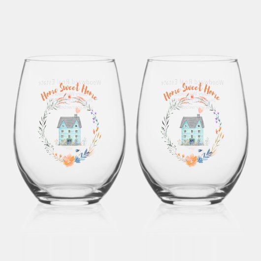 応援トゥーホームスイートホーム不動産仲介業者おめでとうカスタム ステムなしワイングラス (正面)