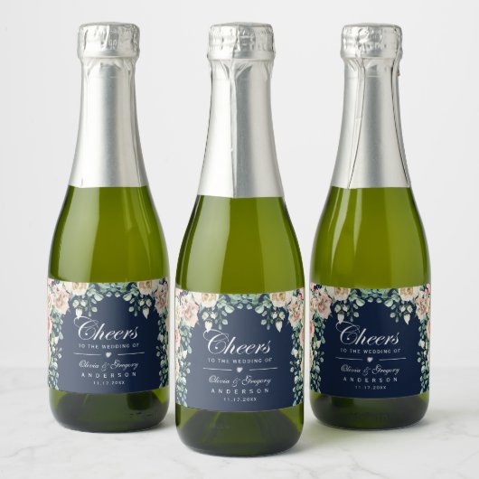 応援ネイビーブルーピンクフローラミニワきらめくインL スパークリングワインラベル (ボトル)