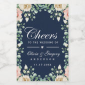 応援ネイビーブルーピンク結婚フローラのワインラベル ワインラベル (シングルラベル)