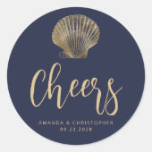 応援ネイビーブルー金ゴールド沿岸ビーチ結婚式 ラウンドシール (正面)
