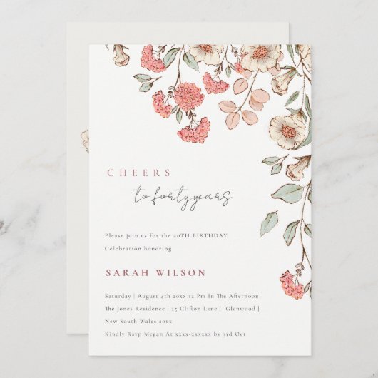 応援ピンクフラワーズリース任意の年齢誕生日招待状 サンキューカード (正面/裏面)