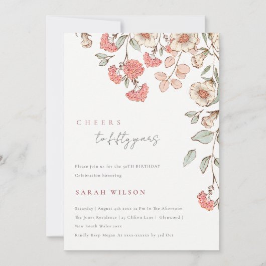 応援ピンクフラワーズリース50誕生日招待状 サンキューカード (正面)