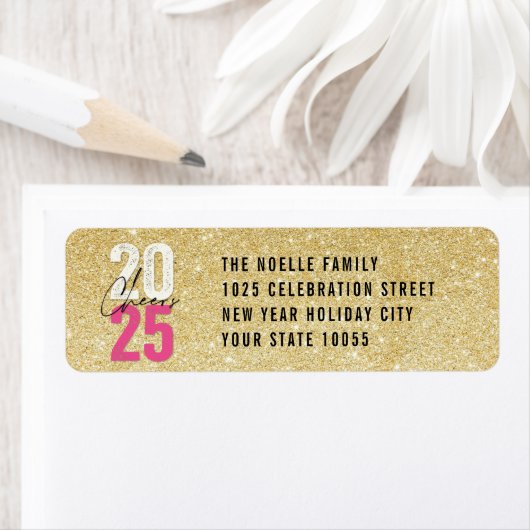 応援ピンク2025グリッター新年差出人住所 ラベル (インサイチュ)