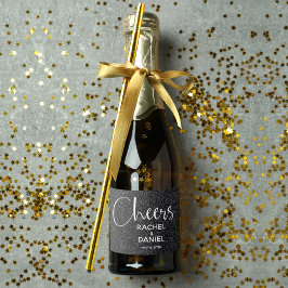 応援フェイクブラックグリッター結婚ズミニ スパークリングワインラベル