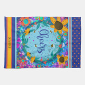 応援フローラおもしろいビーカラフルズ名パーソナライズされた前 キッチンタオル (横)