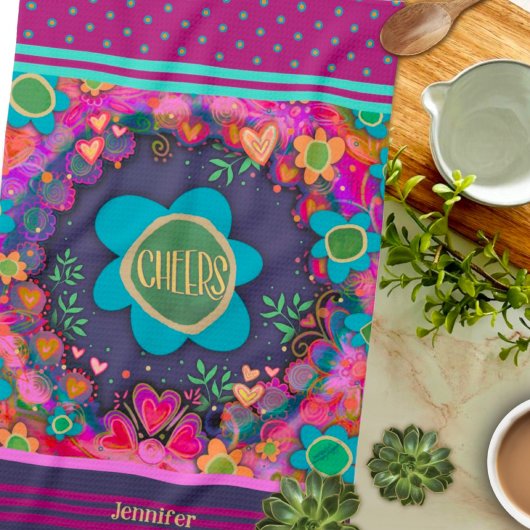 応援フローラカラフルおもしろいパーソナライズされた名 キッチンタオル