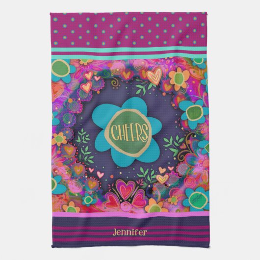 応援フローラカラフルおもしろいパーソナライズされた名 キッチンタオル (縦)