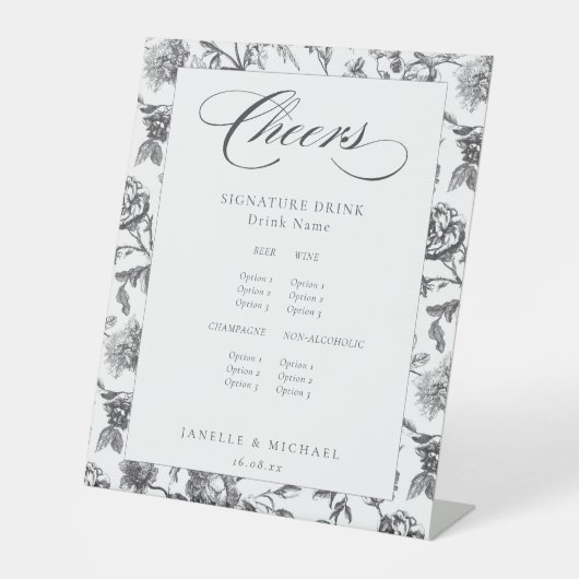 応援ブラック&ホワイトアンティークトイル結婚のバーメニュー 台座サイン (正面)