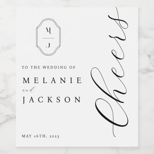 応援ブラック&ホワイトパーソナライズされたモノグラムクレスト ワインラベル (シングルラベル)