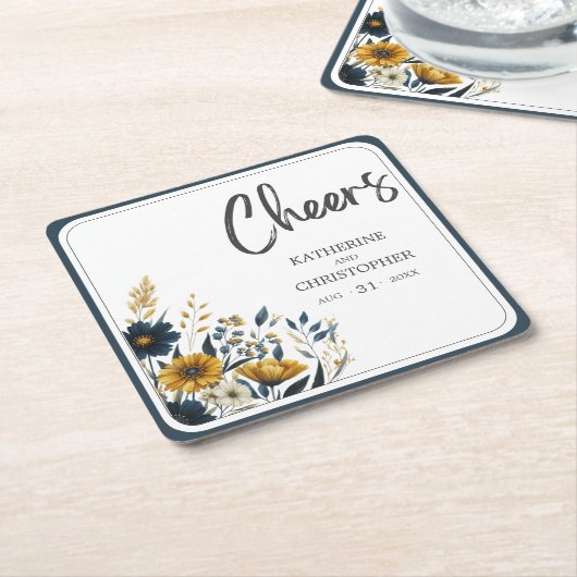 応援ブルーイエロー結婚フローラ スクエアペーパーコースター (アングル)