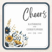 応援ブルーイエロー結婚フローラ スクエアペーパーコースター (正面)