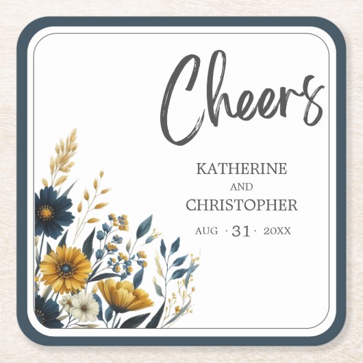 応援ブルーイエロー結婚フローラ スクエアペーパーコースター (正面)