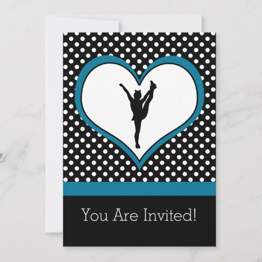 応援ポルカ点々のあるハートインティール(緑がかった色)ブルー 招待状 (正面)