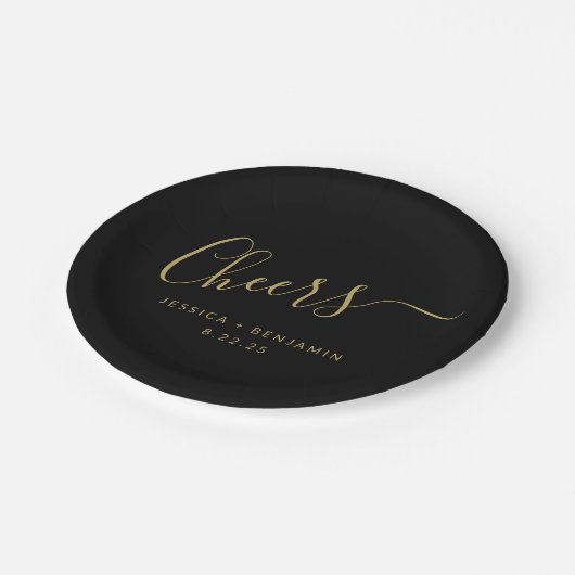 応援ミニマリストクラッシーブラック金ゴールドカスタムウェディング ペーパープレート (アングル)